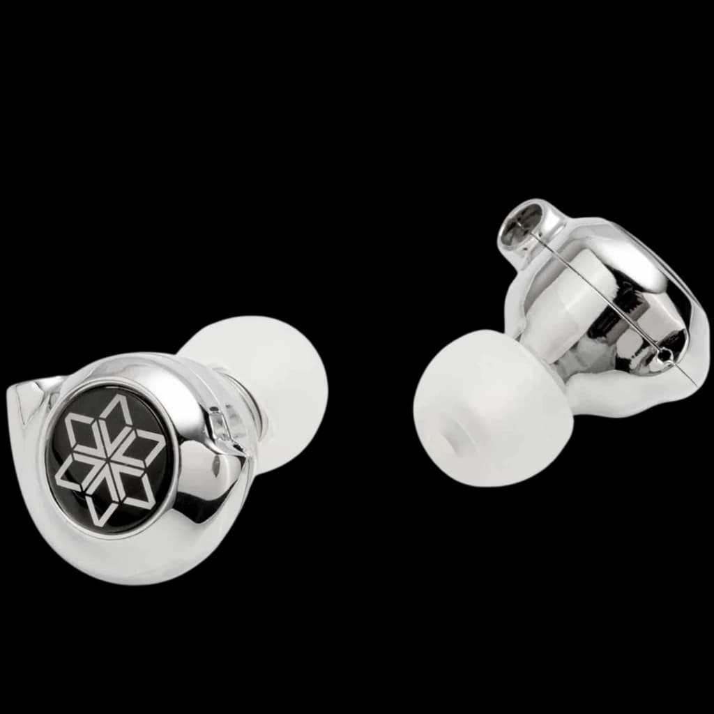 FiiO FD11 MIC 10 mm Écouteurs Hi-Res 24 Ω en métal chromé, coques brillantes avec motif étoilé noir, embouts silicone blancs, design compact et élégant