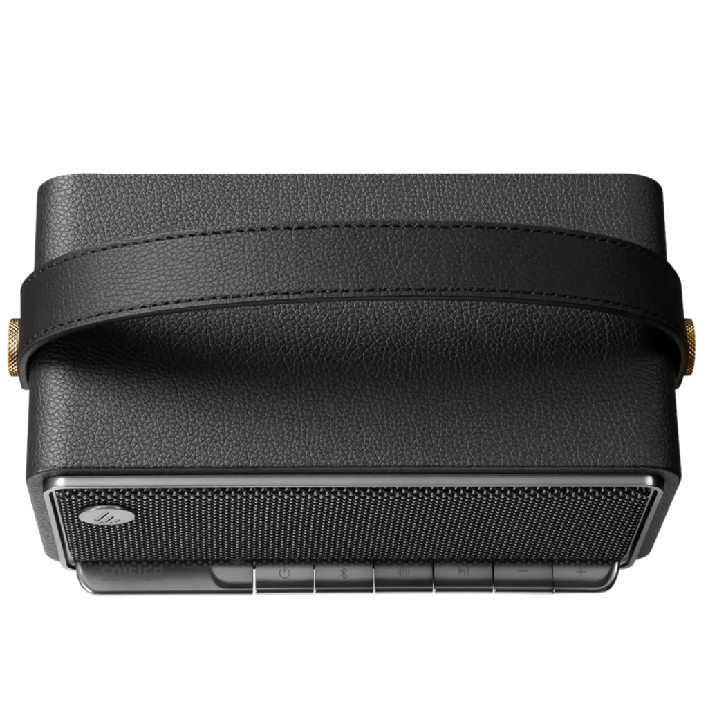 Edifier MP330 40 W marron au look rétro bois, grille tressée et poignée cuir. Boutons en façade, enceinte Bluetooth compacte, autonomie 19 h. - Ítem1