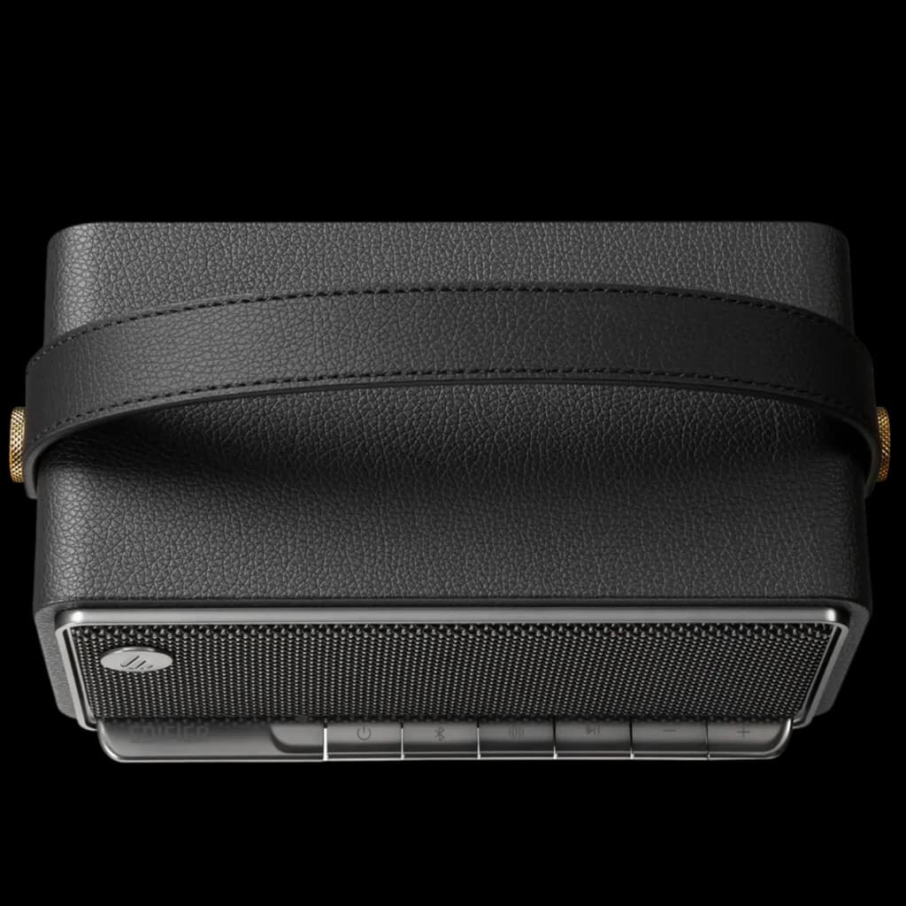 Edifier MP330 40 W Bluetooth, altavoz portátil negro con correa de cuero, rejilla metálica frontal y botones superiores visibles, autonomía 19 h
