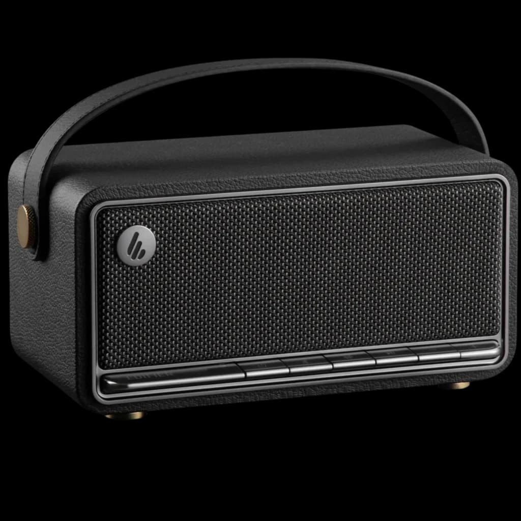 Edifier MP330 40 W Bluetooth marrón con diseño retro en madera, rejilla frontal oscura y asa de cuero; botones inferiores discretos, autonomía 19 h