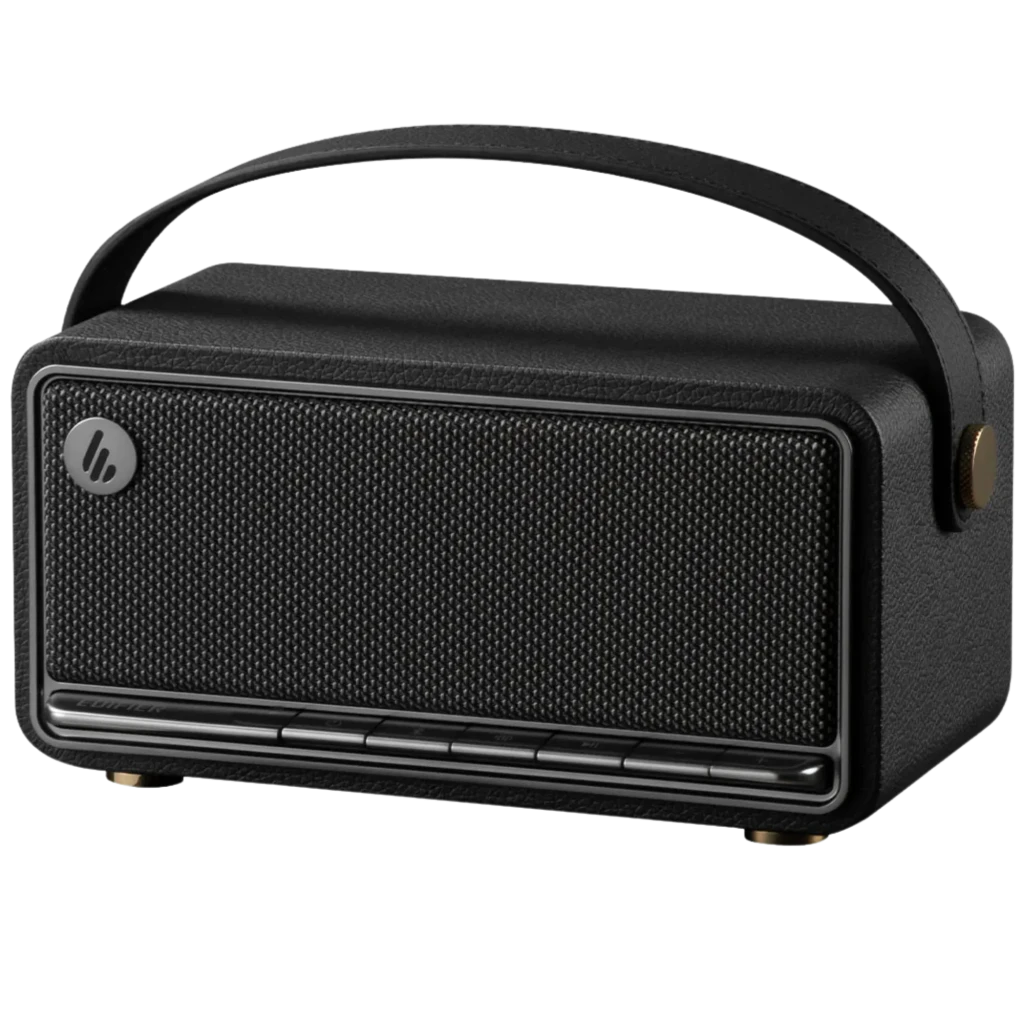 Edifier MP330 40 W marron au look rétro bois, grille tressée et poignée cuir. Boutons en façade, enceinte Bluetooth compacte, autonomie 19 h. - Ítem2