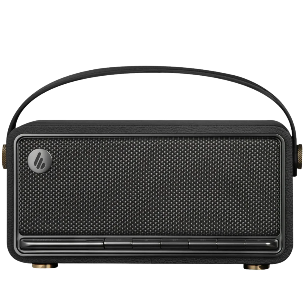 Edifier MP330 40 W marron au look rétro bois, grille tressée et poignée cuir. Boutons en façade, enceinte Bluetooth compacte, autonomie 19 h. - Ítem3