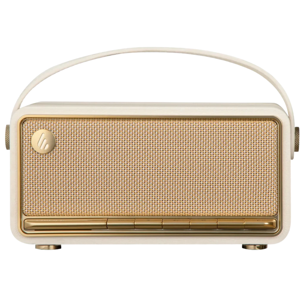 Edifier MP330 40 W marron au look rétro bois, grille tressée et poignée cuir. Boutons en façade, enceinte Bluetooth compacte, autonomie 19 h. - Ítem1