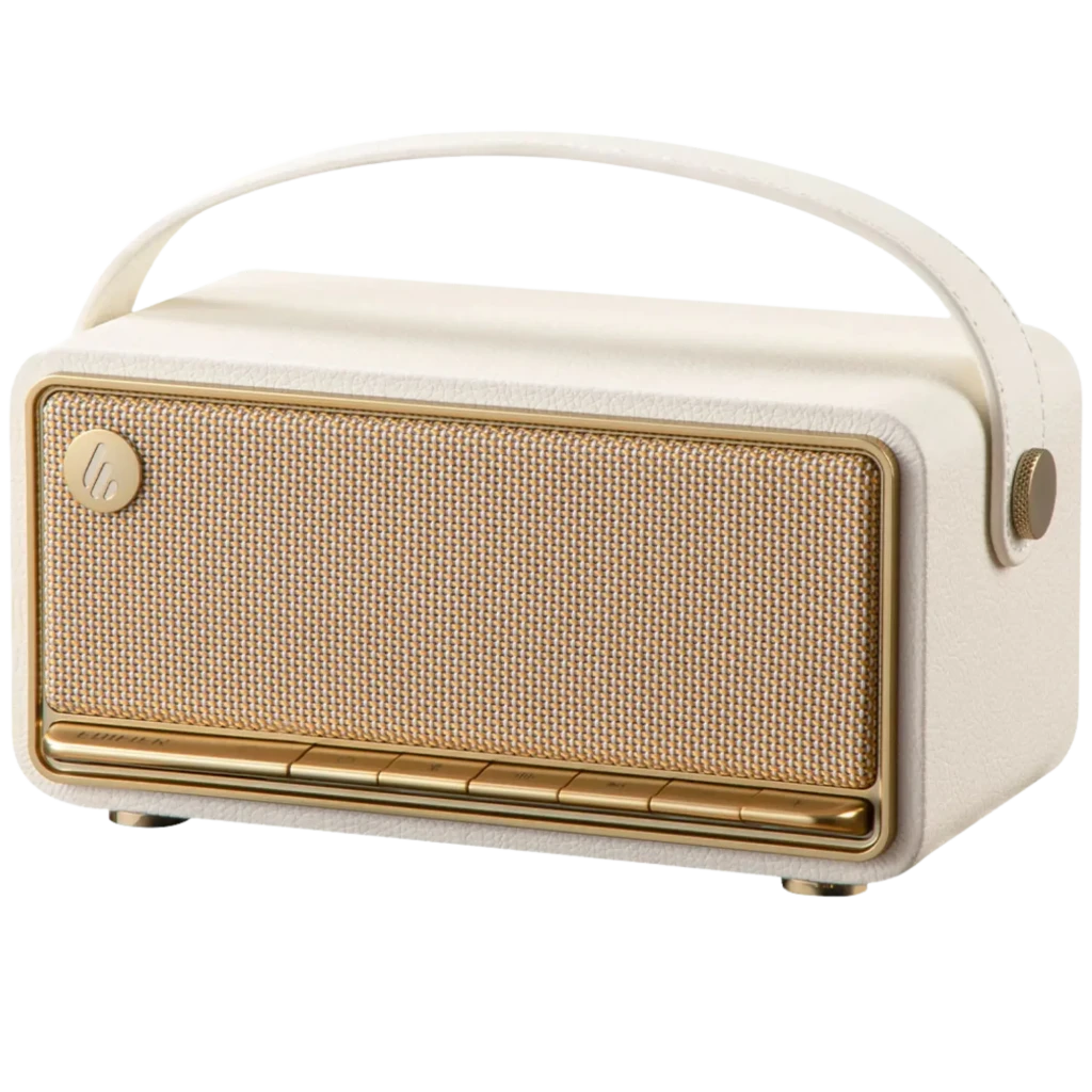 Edifier MP330 40 W marron au look rétro bois, grille tressée et poignée cuir. Boutons en façade, enceinte Bluetooth compacte, autonomie 19 h. - Ítem2