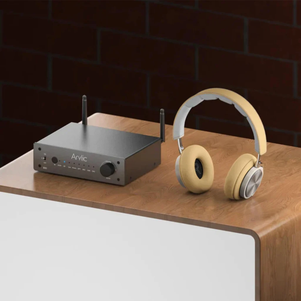 Arylic B50 Amplificador Bluetooth 5.2 Negro con chasis metálico, dos antenas, perilla de volumen, selector de modo y puertos ARC, USB, óptico y línea - Ítem2