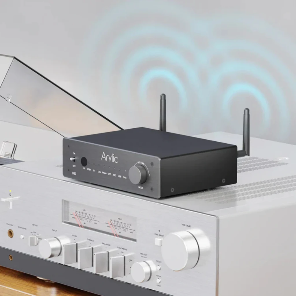 Arylic B50 Amplificador Bluetooth 5.2 Negro con chasis metálico, dos antenas, perilla de volumen, selector de modo y puertos ARC, USB, óptico y línea - Ítem3