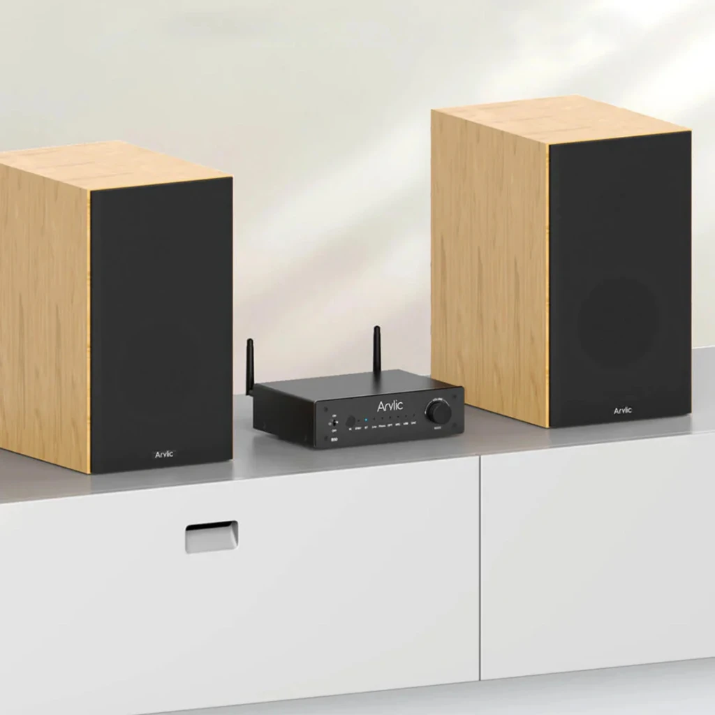 Arylic B50 Amplificador Bluetooth 5.2 Negro con chasis metálico, dos antenas, perilla de volumen, selector de modo y puertos ARC, USB, óptico y línea - Ítem4