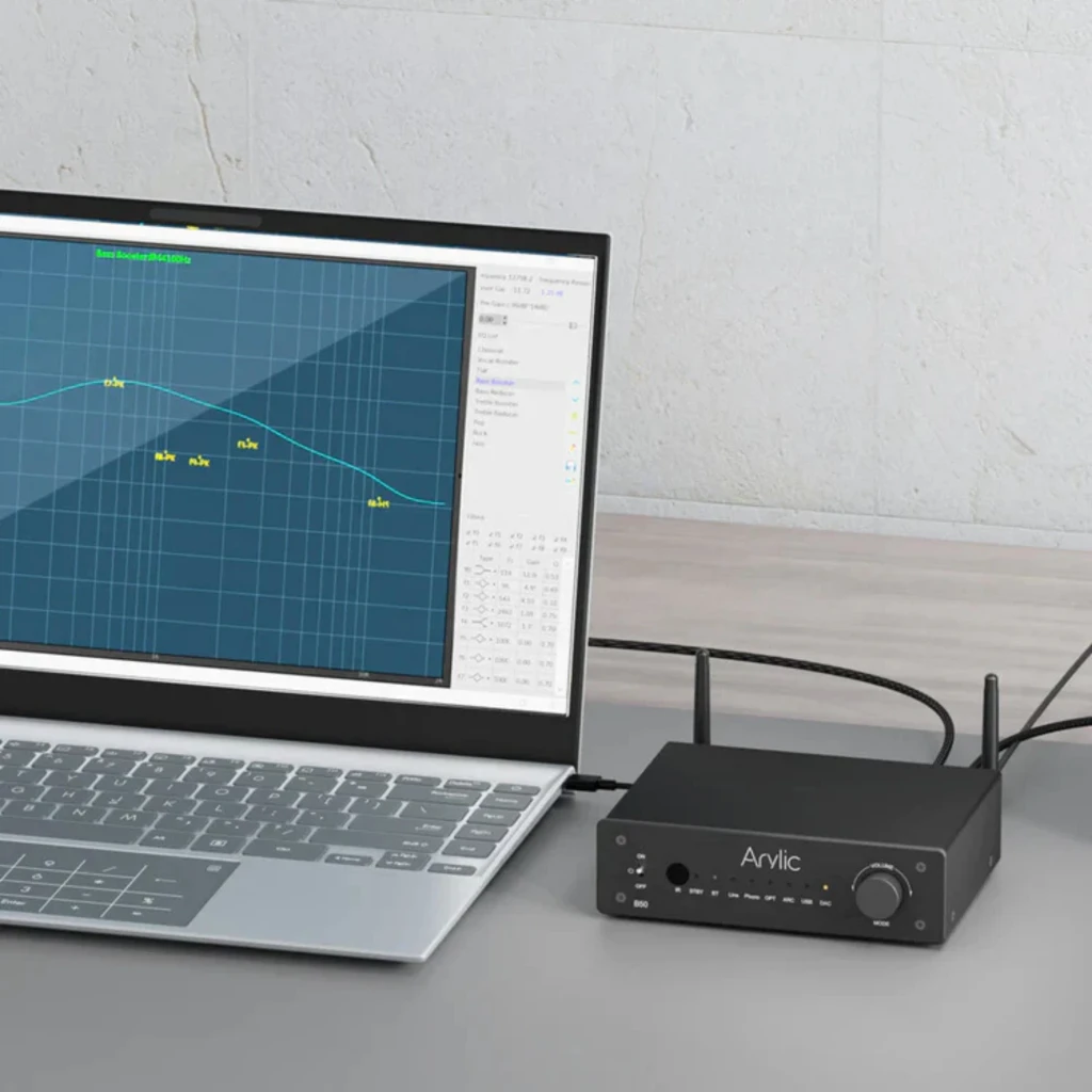 Arylic B50 Amplificador Bluetooth 5.2 Negro con chasis metálico, dos antenas, perilla de volumen, selector de modo y puertos ARC, USB, óptico y línea - Ítem5