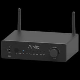 Arylic B50 Amplificador Bluetooth 5.2 Negro con chasis metálico, dos antenas, perilla de volumen, selector de modo y puertos ARC, USB, óptico y línea