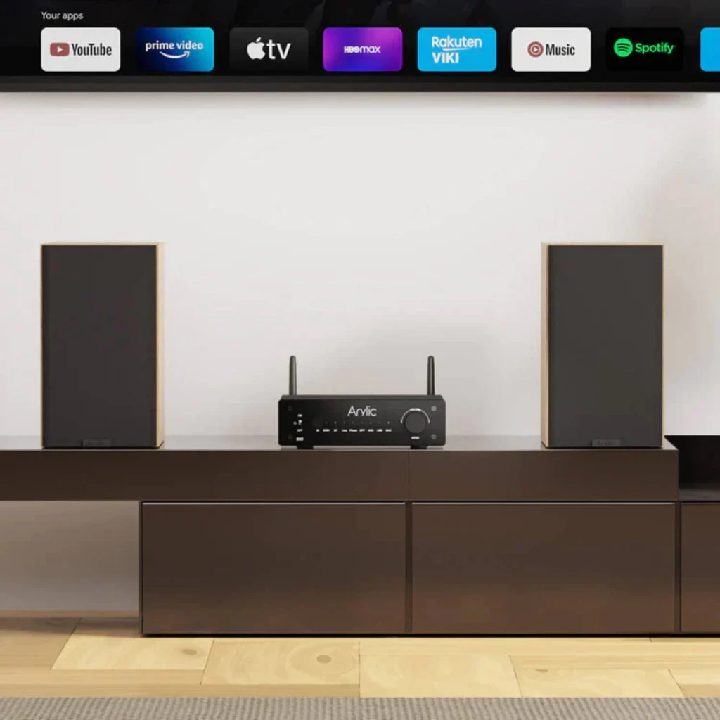 Arylic B50 Amplificador Bluetooth 5.2 Negro con chasis metálico, dos antenas, perilla de volumen, selector de modo y puertos ARC, USB, óptico y línea - Ítem1