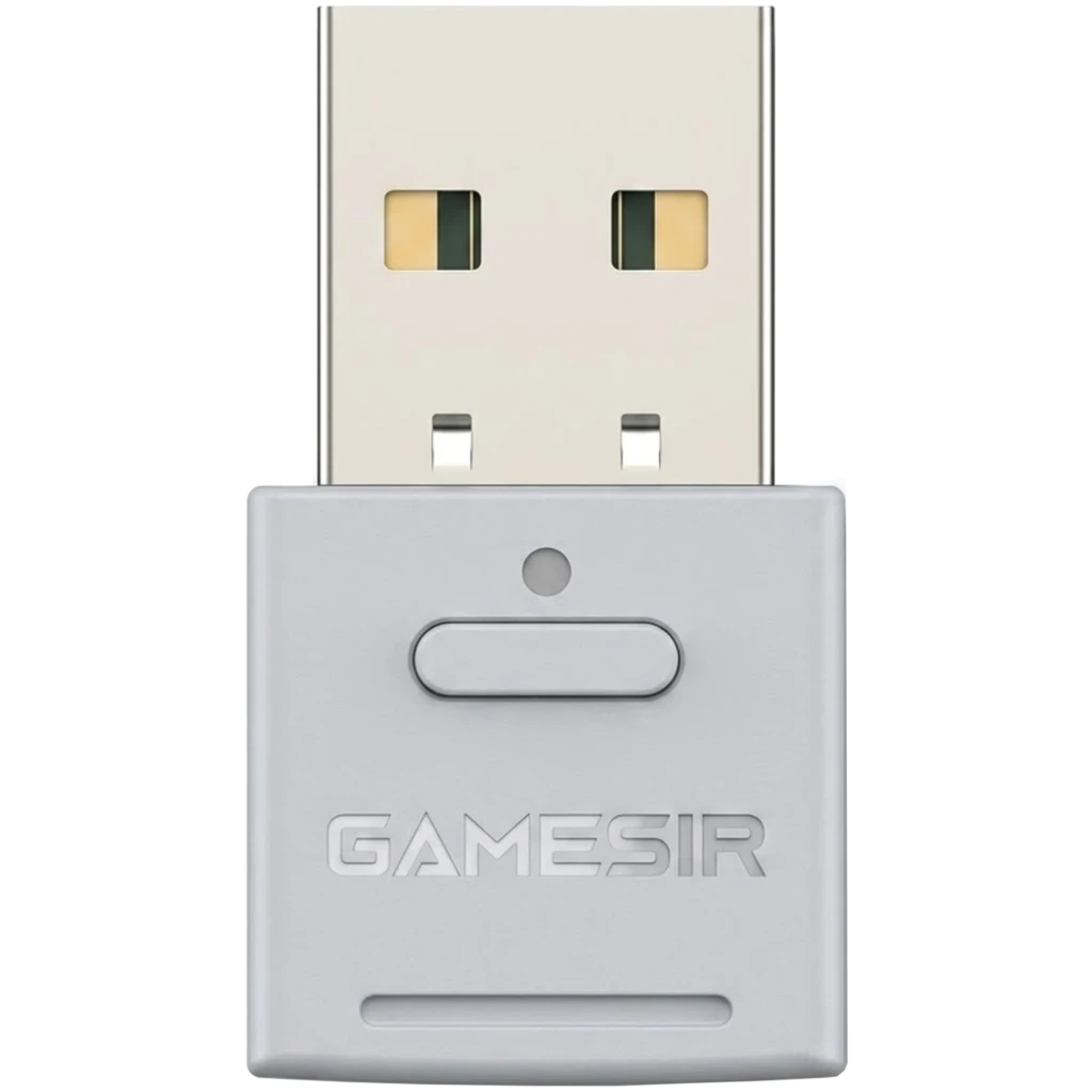 Adaptador Bluetooth para GameSir Nova 2 Lite em cor cinza, formato USB compacto com tampa quadrada, botão frontal central e logotipo GameSir em relevo - Item
