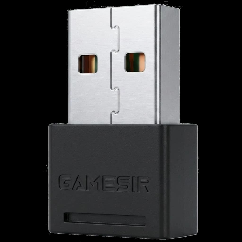 Adaptateur pour Gamesir G8 Plus compact, connecteur USB métallique argenté, boîtier noir mat avec logo gravé Gamesir, format clé USB robuste et portable