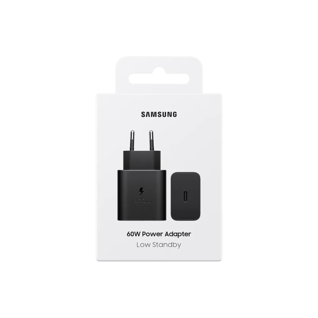 Adaptateur secteur USB-C noir 60 W Samsung avec charge ultra-rapide 2.0, prise EU et port USB-C visibles, design compact et minimaliste sur emballage blanc