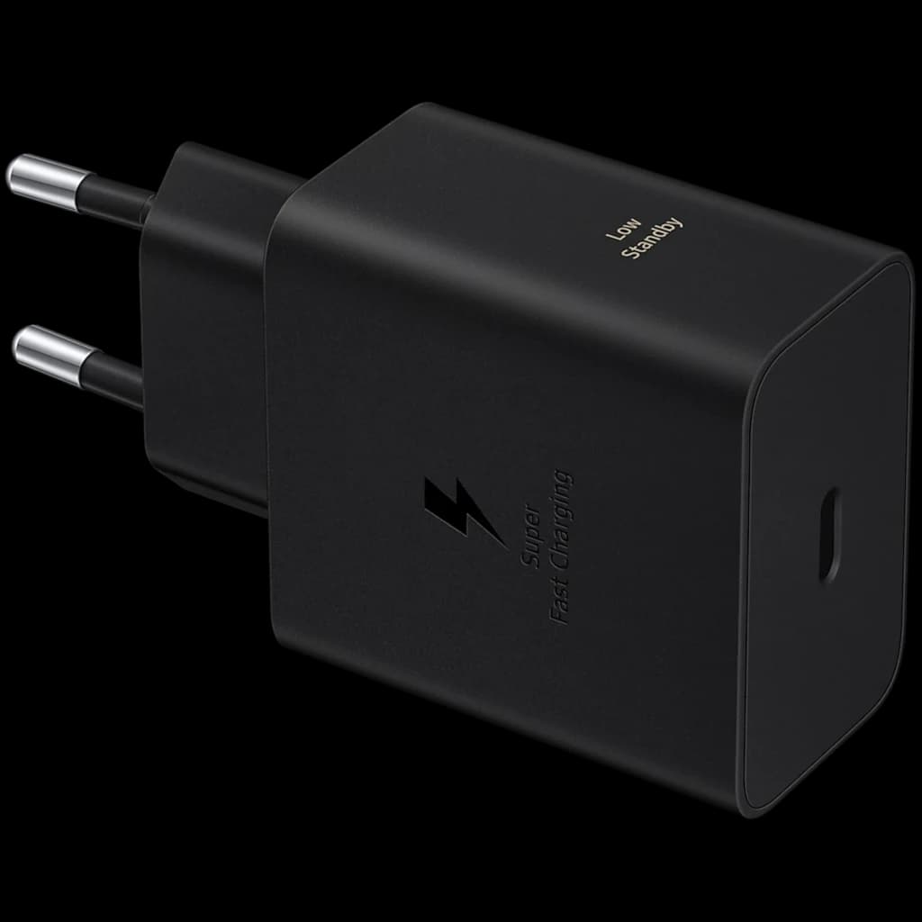 Adaptateur secteur noir compact avec prise EU et port USB‑C en façade, icône éclair Super Fast Charging, finition mate élégante, marquage Low Standby