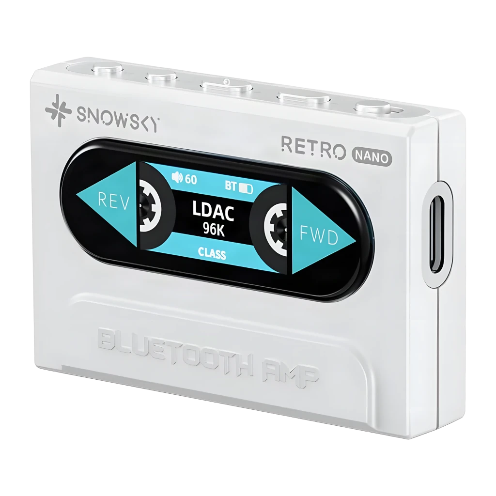 DAC Amplificador FiiO Snowsky Retro Nano Saída 4,4mm Balanceada PCM 96kHz Branco, vista frontal: ecrã OLED com design