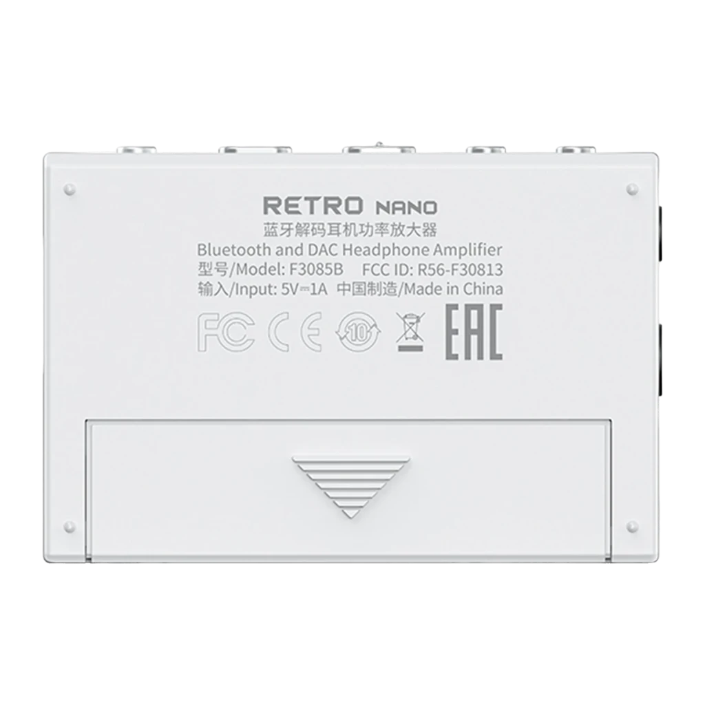 DAC Amplificador FiiO Snowsky Retro Nano Saída 4,4mm Balanceada PCM 96kHz Branco, vista traseira: etiqueta modelo F3085B