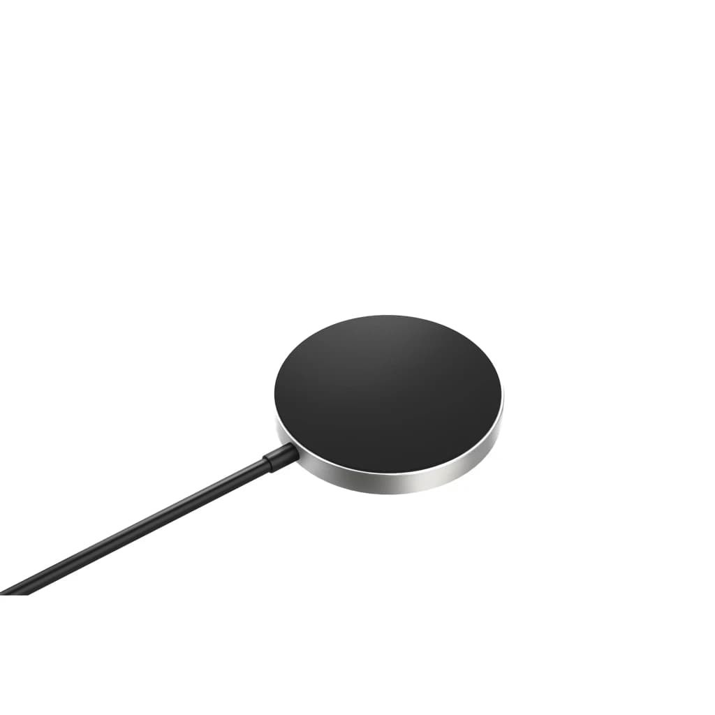 Samsung GP-PWU025WIABW Chargeur sans fil Qi2 15 W Noir, palet circulaire noir à bord métal argenté, câble fin intégré, design minimal et compact