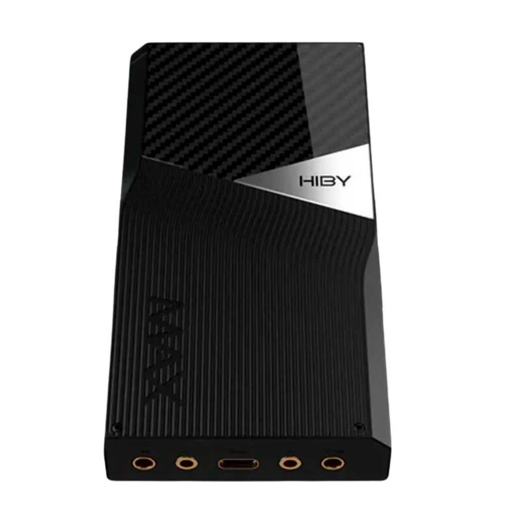 HiBy R6 Pro Max Reproductor Hi-Res portátil con gran pantalla, trasera negro carbón con texturas onduladas y placa metálica lateral con logo Hiby - Ítem6