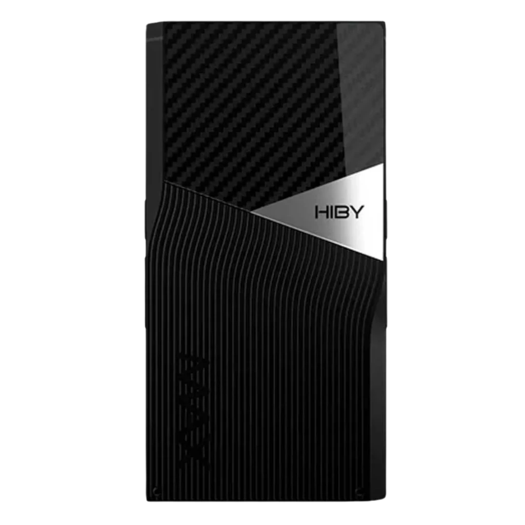 HiBy R6 Pro Max Reproductor Hi-Res portátil con gran pantalla, trasera negro carbón con texturas onduladas y placa metálica lateral con logo Hiby - Ítem4