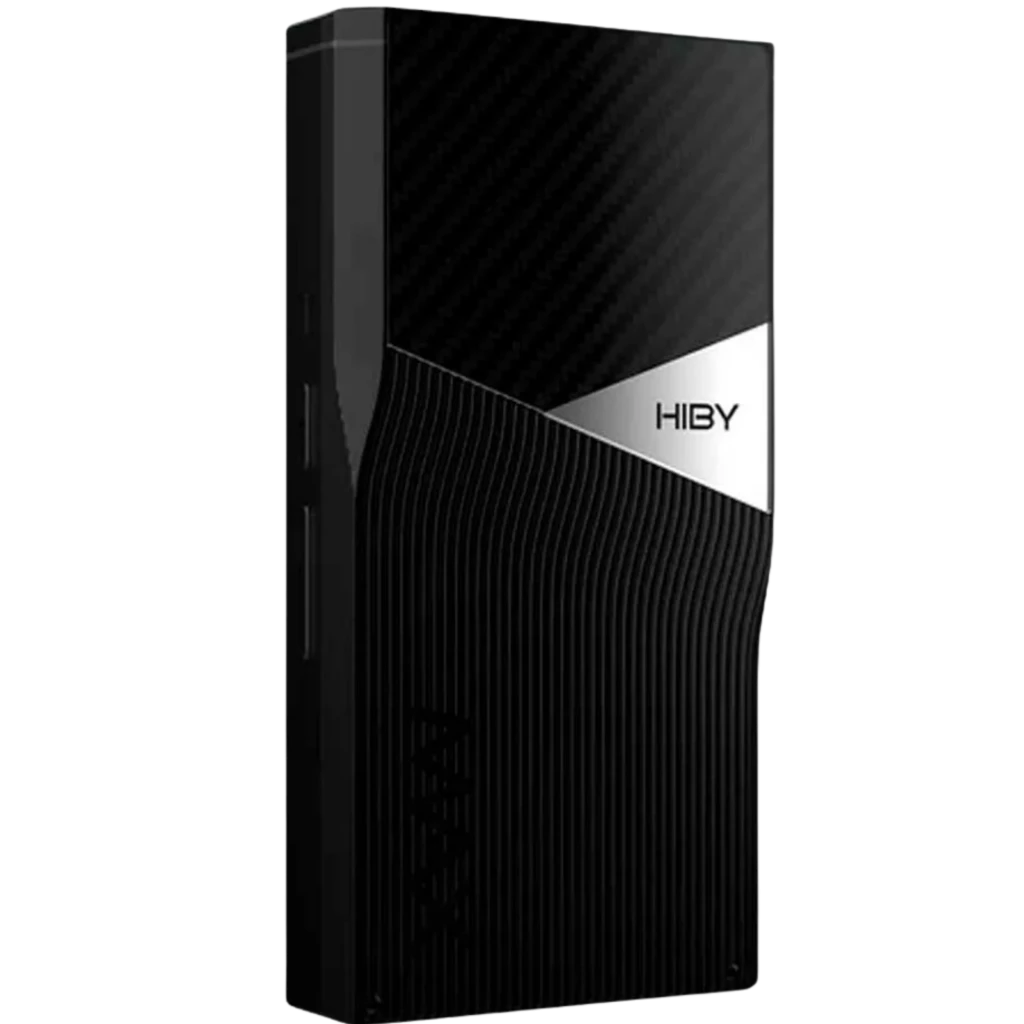 HiBy R6 Pro Max Reproductor Hi-Res portátil con gran pantalla, trasera negro carbón con texturas onduladas y placa metálica lateral con logo Hiby - Ítem5