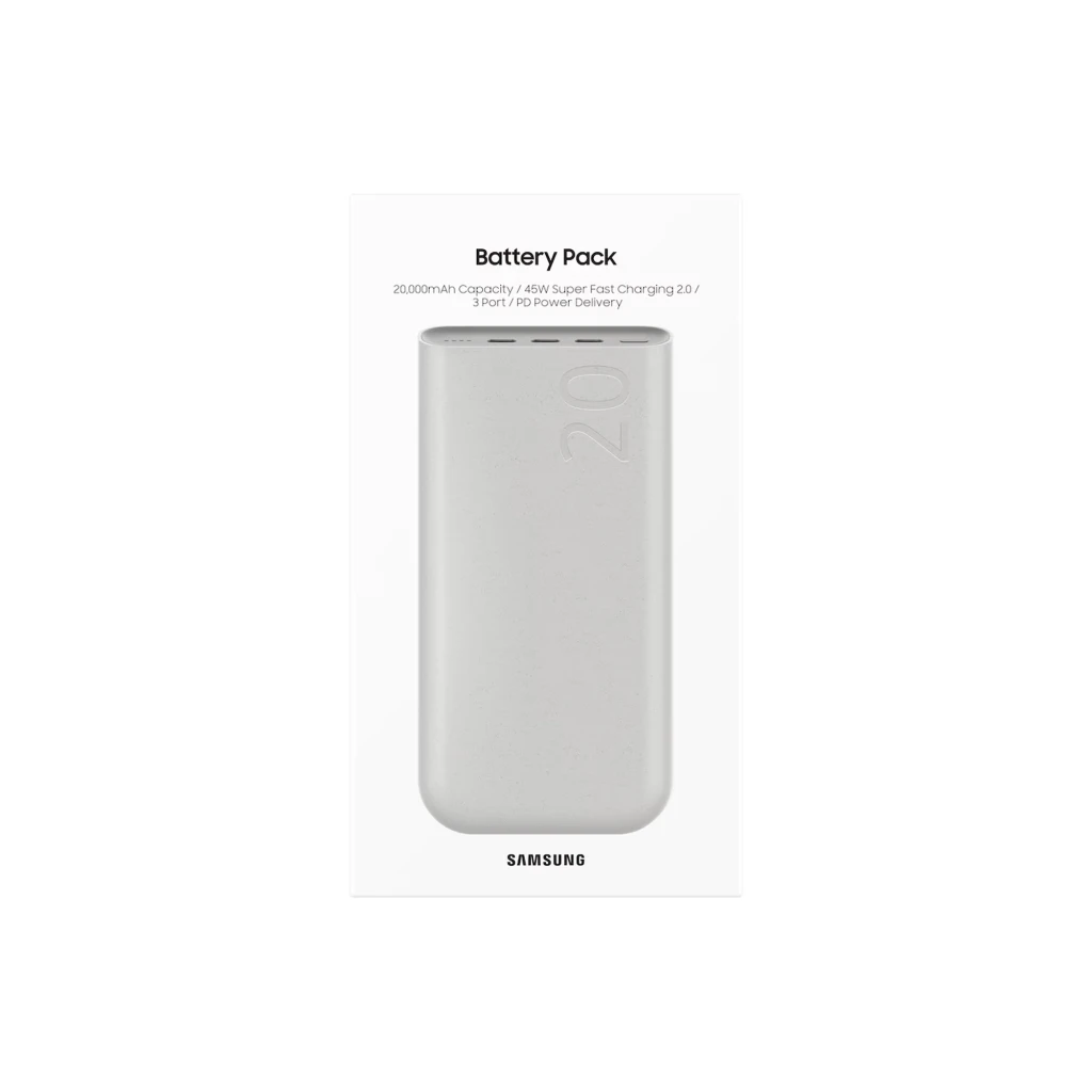 Samsung EB-P4520 Power Bank 20000 mAh 45 W 3x USB-C Beige con acabado mate, bordes redondeados y relieve 20 en la esquina superior, diseño compacto - Ítem6