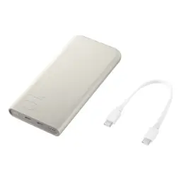 Power bank Samsung EB-P3401XUE beige, compacto con acabado mate, capacidad 10000 mAh, dos puertos USB-C y LED indicador; cable USB-C a USB-C incluido