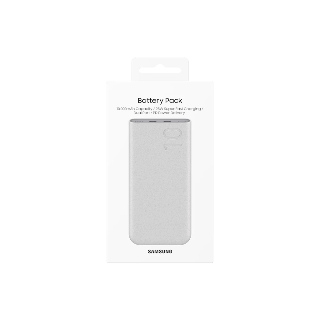 Batería externa beige con acabado mate, bordes redondeados y relieve 10 en la esquina superior; diseño minimalista y compacto de Samsung - Ítem6