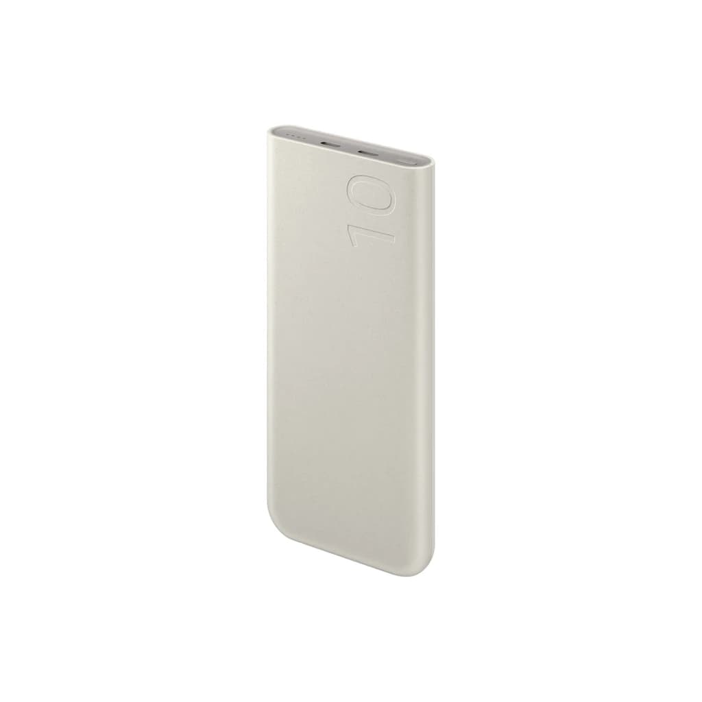 Batería externa beige compacta con acabado mate, logo 10 en relieve, dos puertos USB‑C superiores y bordes redondeados; diseño minimalista y delgado