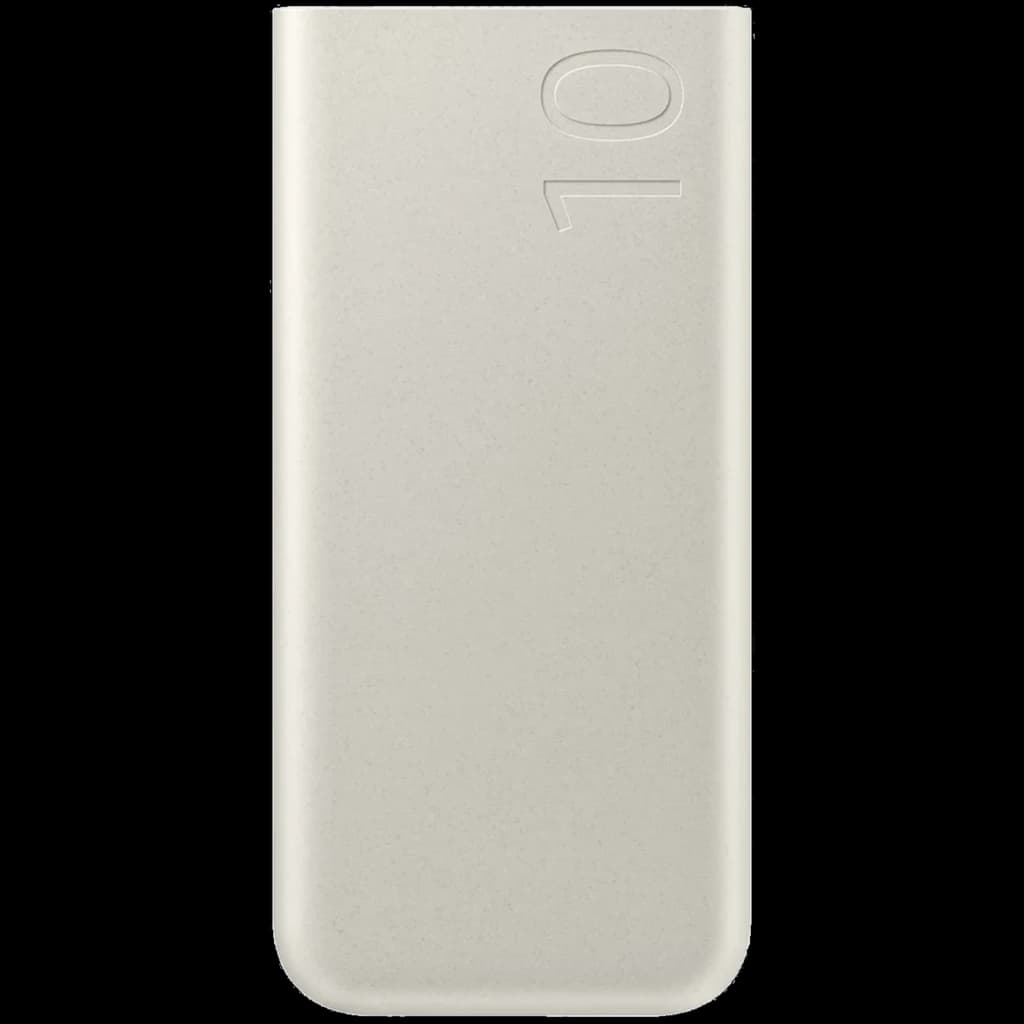 Power bank Samsung EB-P3401XUE beige, cuerpo delgado con acabado mate, relieve 10 en la esquina superior, bordes redondeados y diseño minimalista