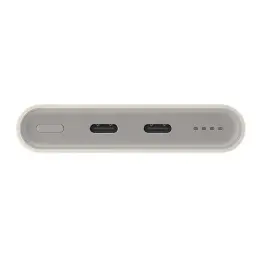 Power bank beige compacto con 2 puertos USB-C frontales, botón lateral y 4 luces LED de estado; bordes redondeados y diseño minimalista Samsung