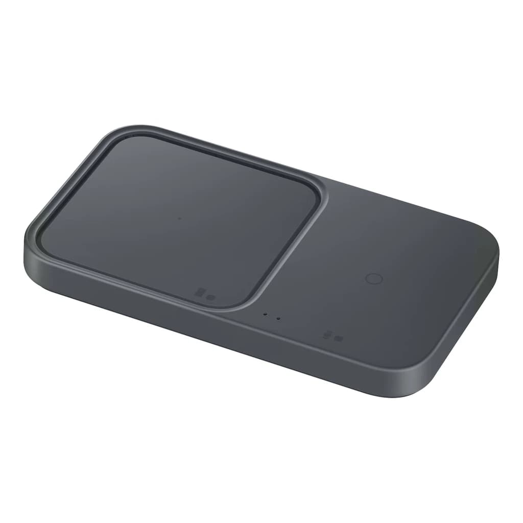 Chargeur sans fil double Samsung 15 W gris foncé, deux zones de charge avec voyants LED, surface antidérapante et design compact arrondi