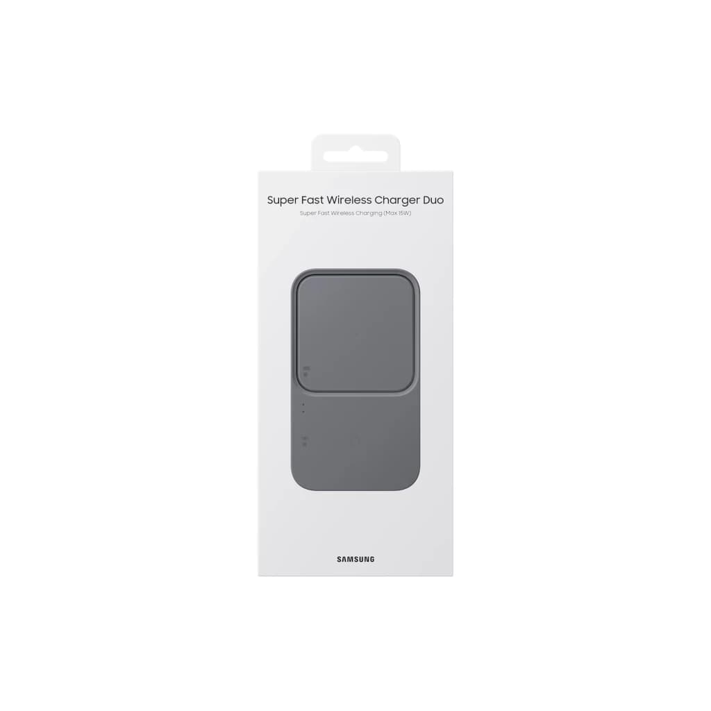 Chargeur sans fil double Samsung 15 W gris foncé avec deux zones de charge, voyants LED et design compact sur socle rectangulaire arrondi