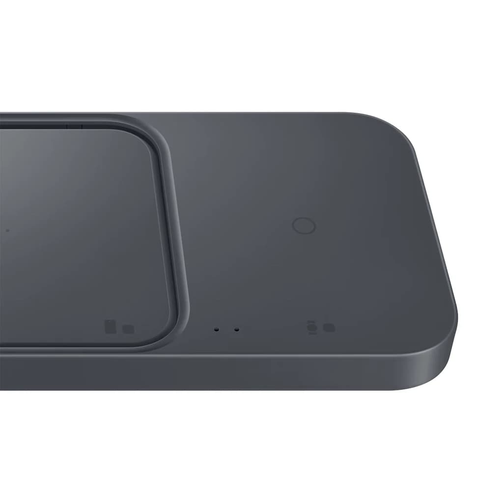 Base de charge sans fil double Samsung, coloris gris foncé, surface mate avec zone phone et zone Galaxy Watch, voyants LED discrets, bords arrondis