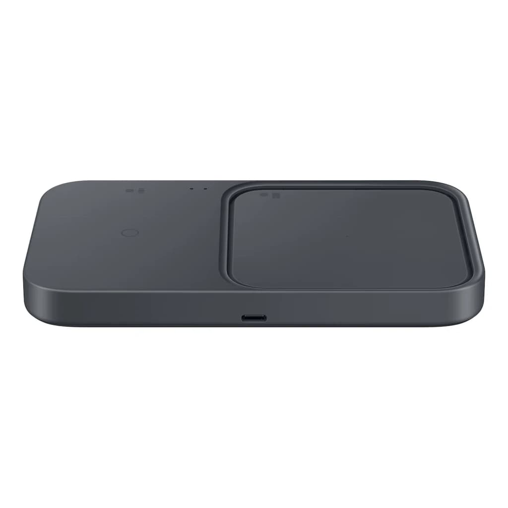 Chargeur sans fil double gris foncé avec deux zones Qi 15 W, surface antidérapante, voyants LED et port USB-C, format plat pour smartphone et Galaxy Watch