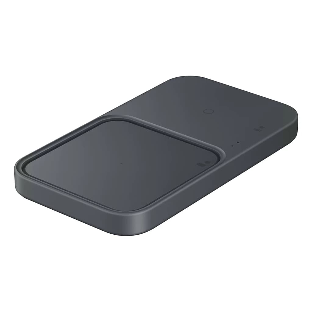 Chargeur sans fil double gris foncé, surface mate avec deux zones de charge distinctes, LED d’état discrètes et bords arrondis pour smartphones et