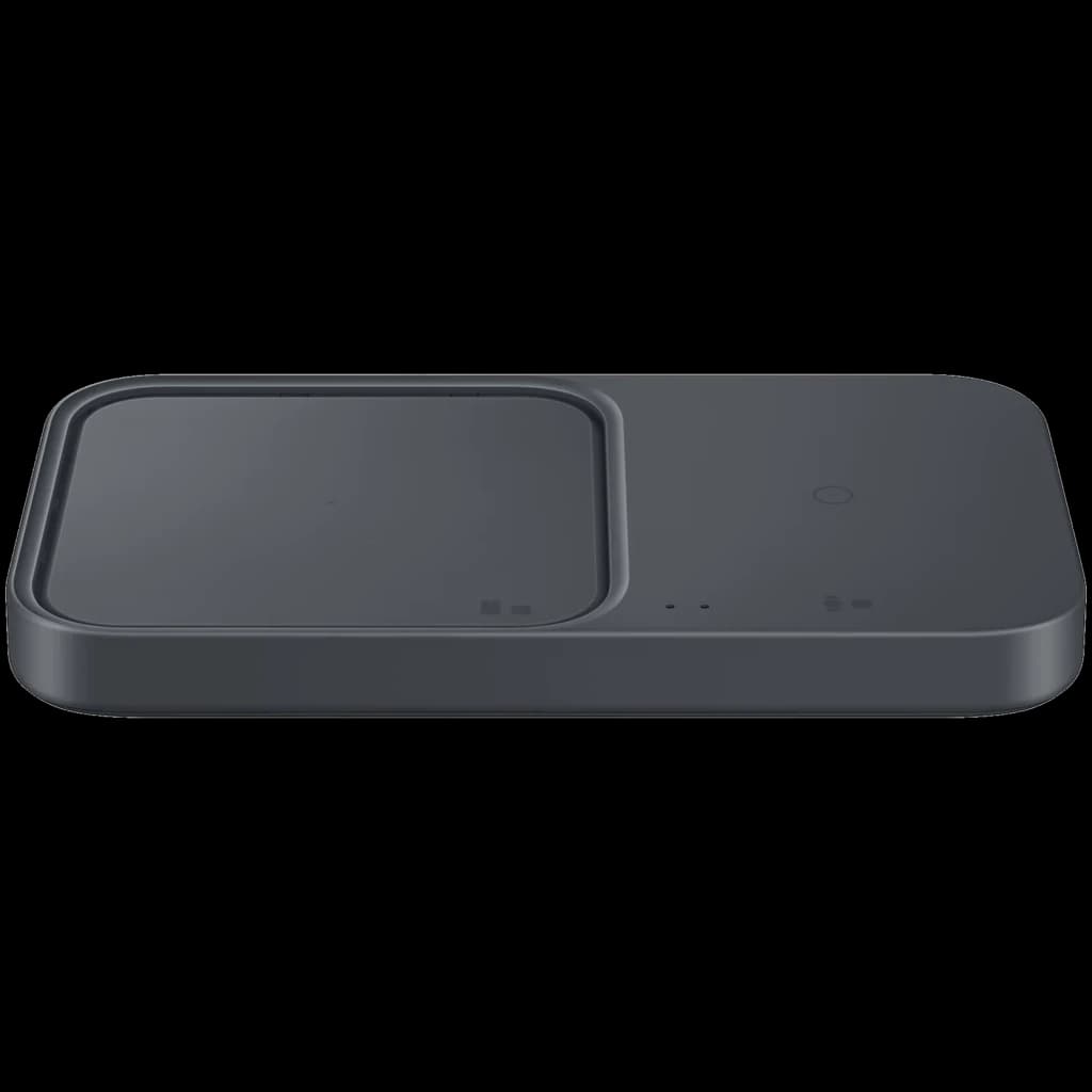 Chargeur sans fil double Samsung gris foncé, surface mate avec deux zones de charge dont une pour montres, voyants LED frontaux, design compact arrondi