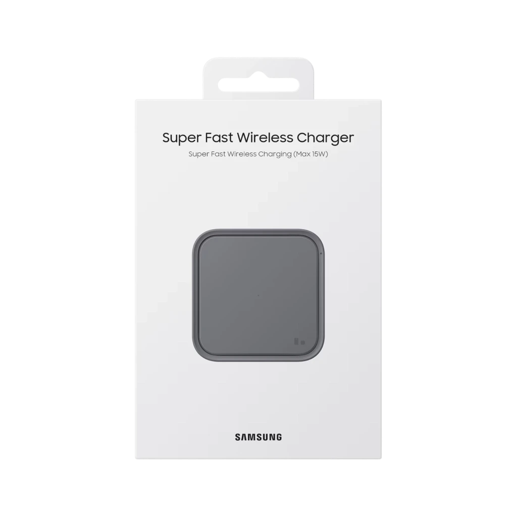 Samsung Super Fast Wireless Charger Qi 15 W en gris oscuro, base cuadrada compacta con bordes redondeados y luz LED indicadora, superficie antideslizante - Ítem5