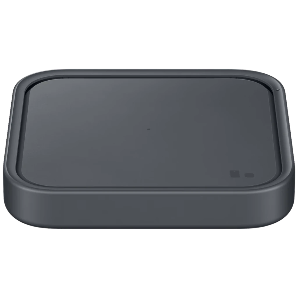 Samsung Super Fast Wireless Charger Qi 15 W en gris oscuro, base cuadrada compacta con bordes redondeados y luz LED indicadora, superficie antideslizante - Ítem1