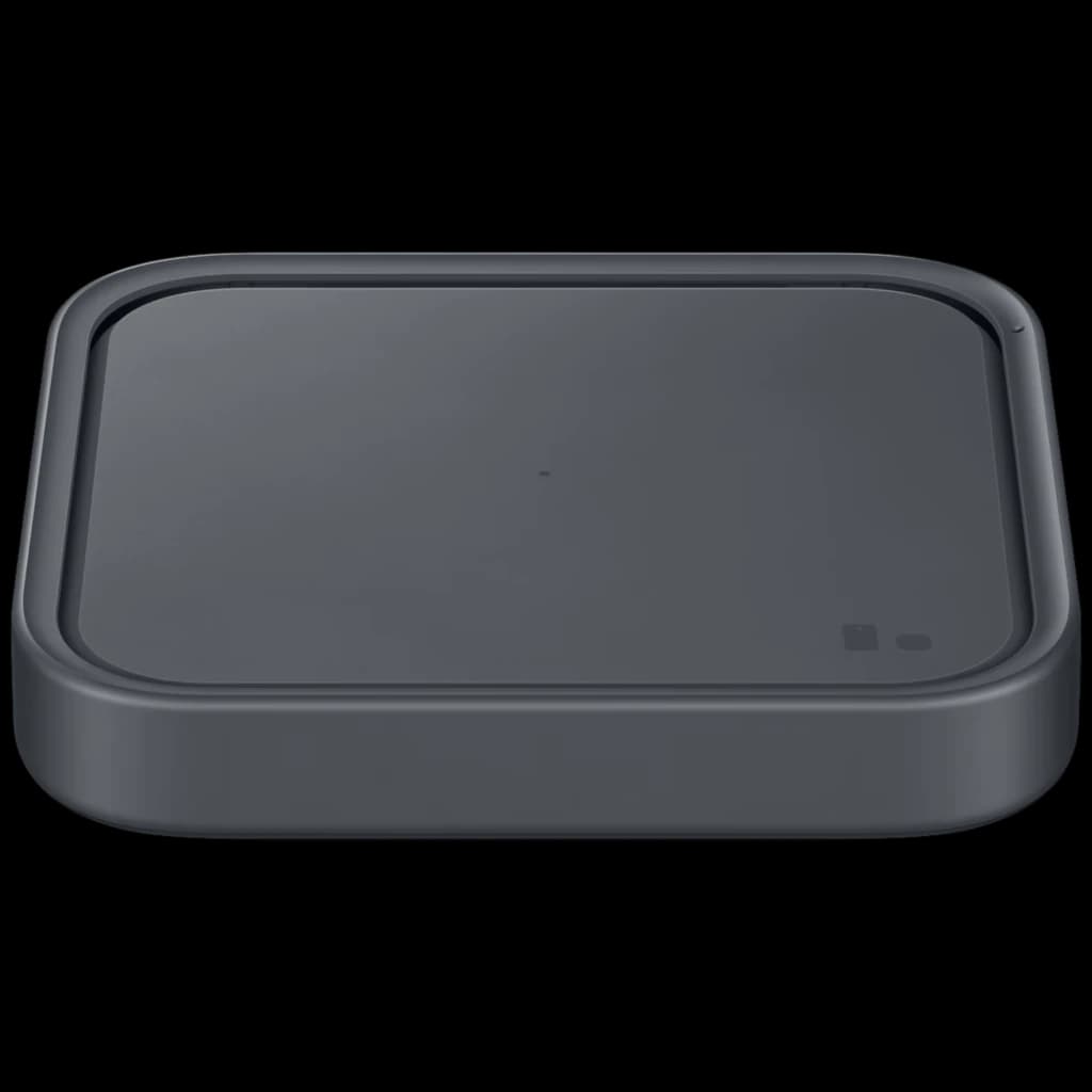 Base de carregamento sem fios Samsung, 15 W, cor cinzento escuro, formato quadrado com cantos arredondados e superfície lisa com indicador discreto