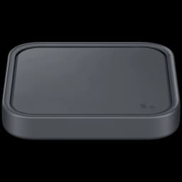 Base de carregamento sem fios Samsung, 15 W, cor cinzento escuro, formato quadrado com cantos arredondados e superfície lisa com indicador discreto