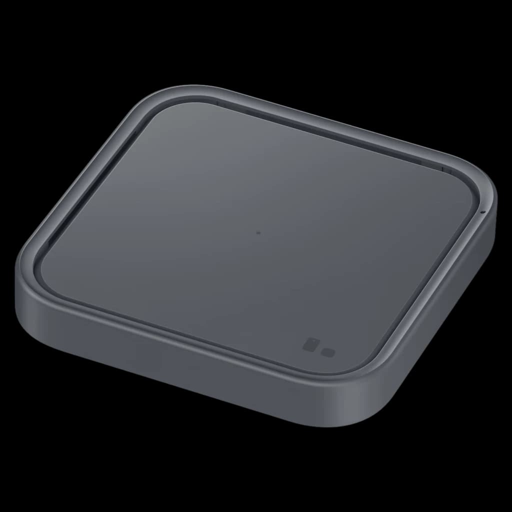 Base quadrada cinzento escuro com superfície lisa e LED indicador, design minimalista e bordas arredondadas; acessório Qi de 15 W da Samsung para
