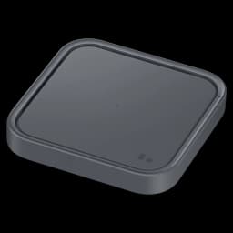 Base quadrada cinzento escuro com superfície lisa e LED indicador, design minimalista e bordas arredondadas; acessório Qi de 15 W da Samsung para