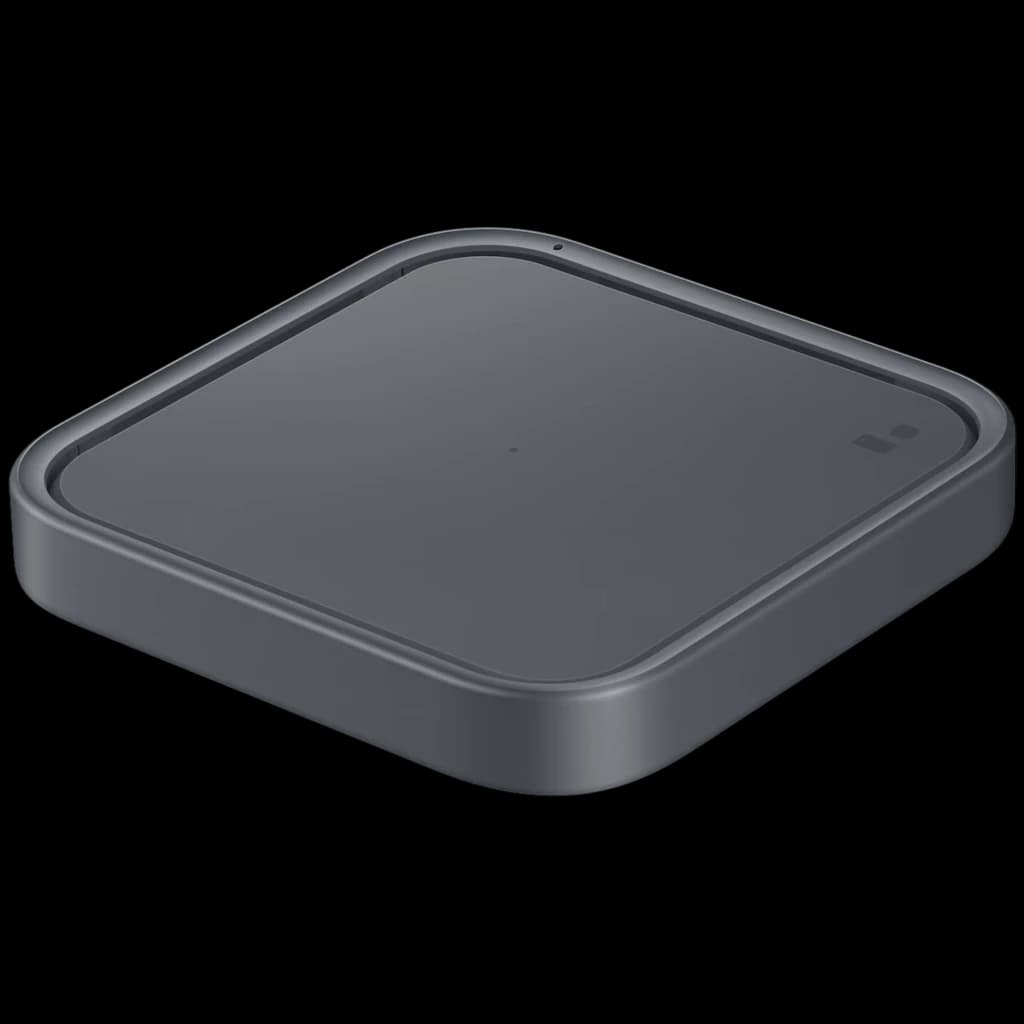 Base quadrada de carregamento sem fios Samsung, Qi, 15 W, cor cinzento escuro, design minimalista com bordas arredondadas e indicador LED central