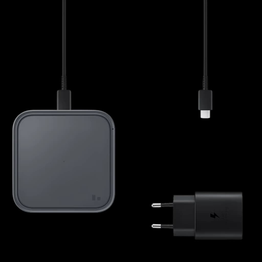 Carregador sem fios Samsung Qi 15 W em cinzento escuro, base quadrada com bordas arredondadas, cabo USB-C e adaptador de tomada incluído