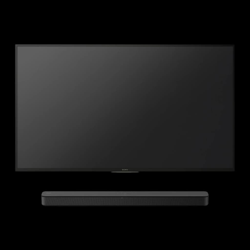 Barre de son Sony 2.0 canaux 120W Bluetooth Noir HT-SF150, vue de face: barre sous téléviseur Sony, profil fin et grille