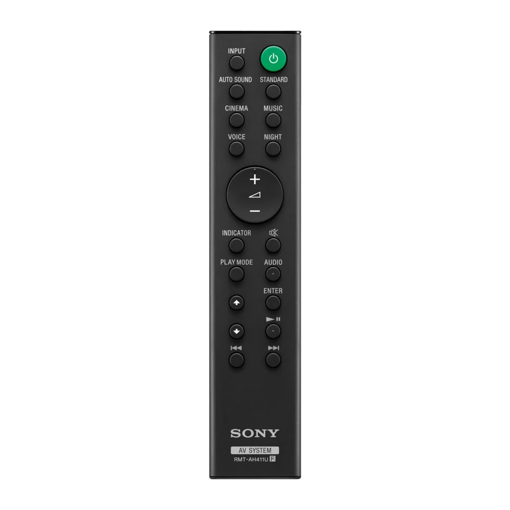 Barre de son Sony 2.0 canaux 120W Bluetooth Noir HT-SF150, télécommande: RMT-AH411U vue frontale avec bouton d'alimentation