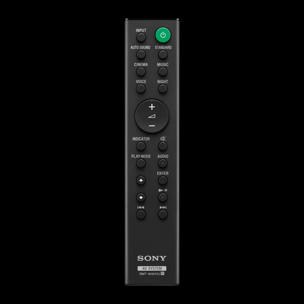 Barre de son Sony 2.0 canaux 120W Bluetooth Noir HT-SF150, télécommande: RMT-AH411U vue frontale avec bouton d'alimentation