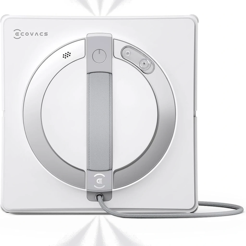 Ecovacs Winbot W2 Pro Omni Robô Limpador de Vidros com Três Bicos 4500 mAh em formato quadrado branco, alça central cinza e cabo frontal integrados - Item1