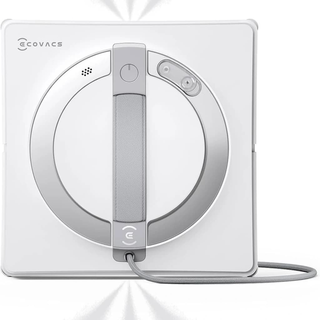 Robot lave-vitres Ecovacs Winbot W2 Pro Omni blanc carré avec poignée centrale grise, triple buse visible et câble de sécurité, design compact et épuré