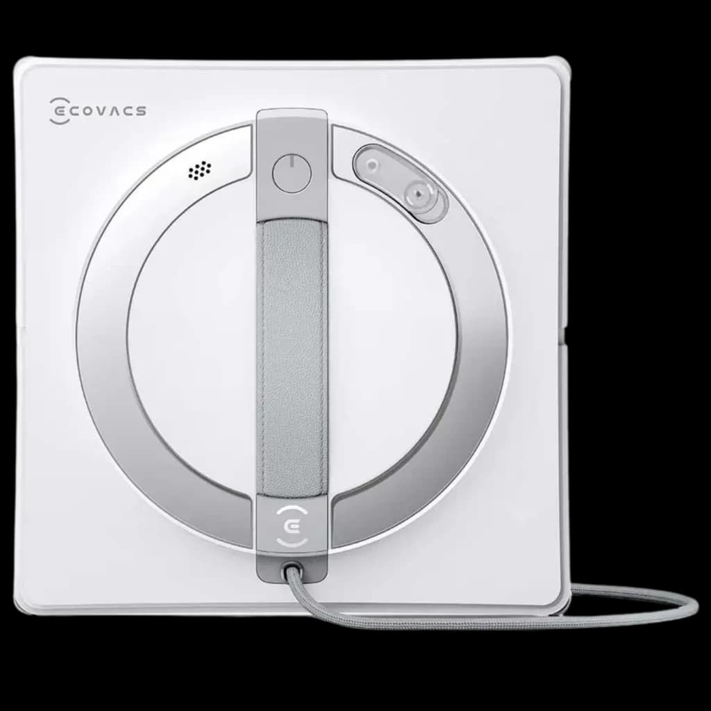 Robot lave-vitres Ecovacs Winbot W2 Pro  carré blanc, panneau central circulaire gris, poignée textile, câble frontal, boutons latéraux, design